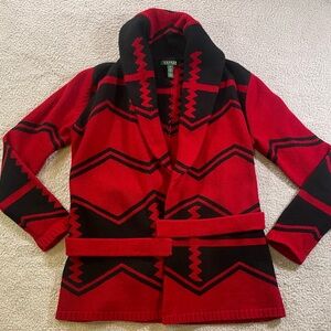 RALPH LAUREN Womens Size Med 100% Lambswool Belted Cardigan Sweater Aztec Navajo